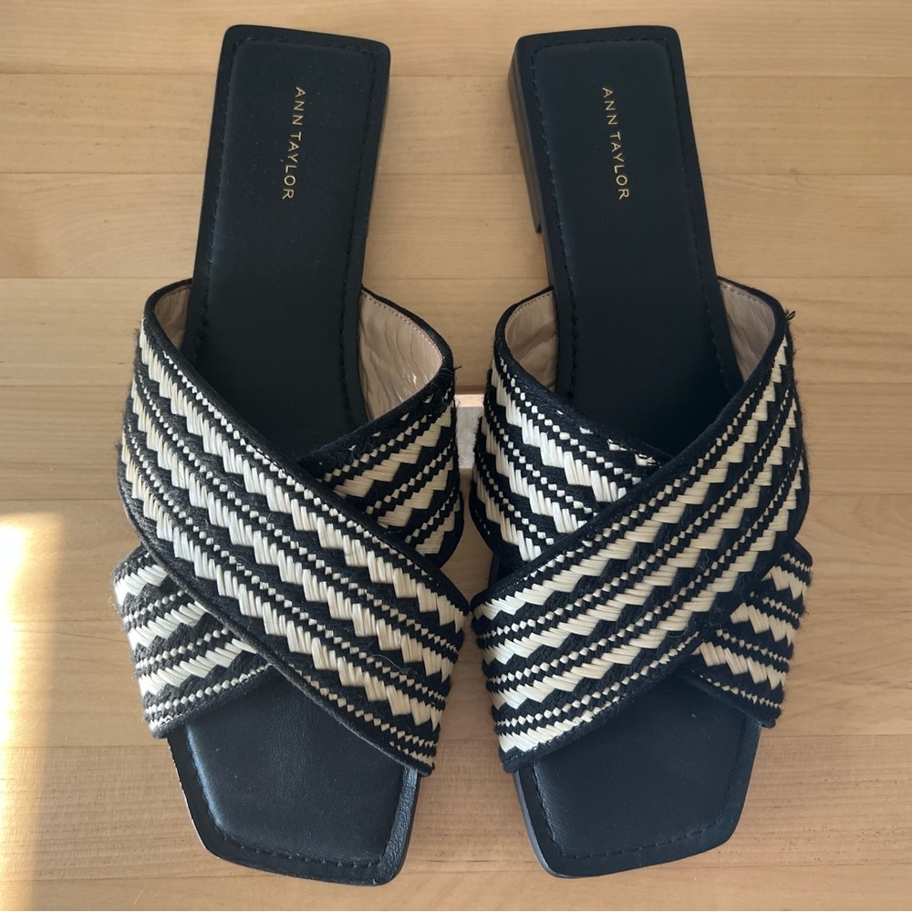 Ann Taylor Black and Cream Criss-Cross Sandals